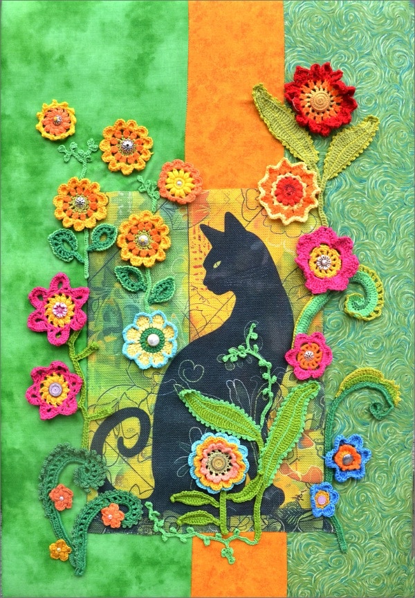 crochet flowers picture with cat
